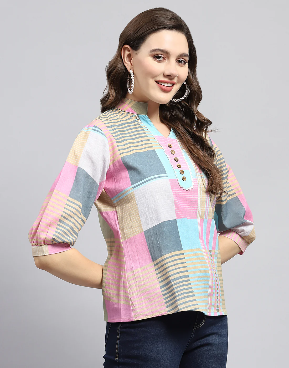 Women Blue Check Mandarin Neck 3/4 Sleeve Top - Image 4