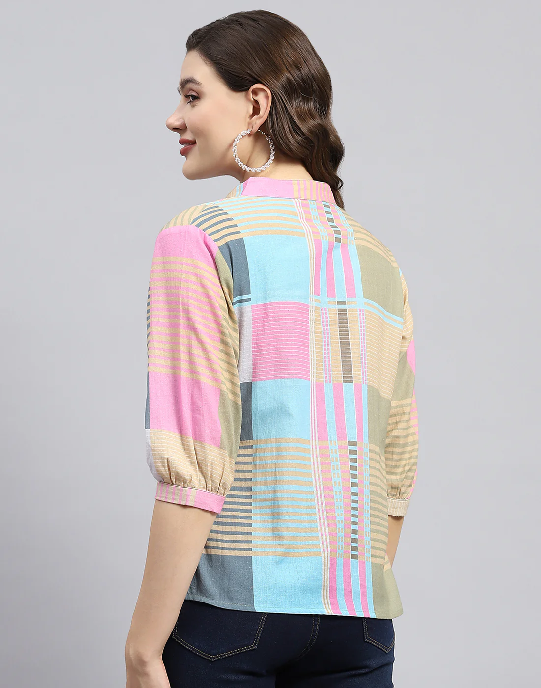 Women Blue Check Mandarin Neck 3/4 Sleeve Top - Image 5