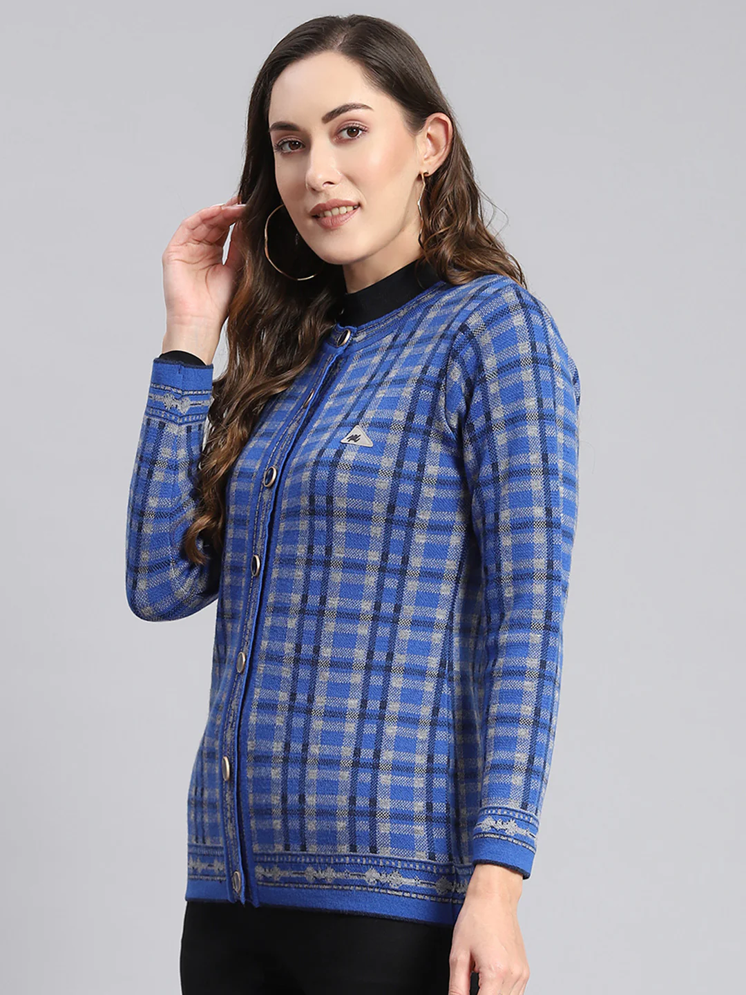 Women Blue Check Round Neck Full Sleeve Cardigans - Image 4