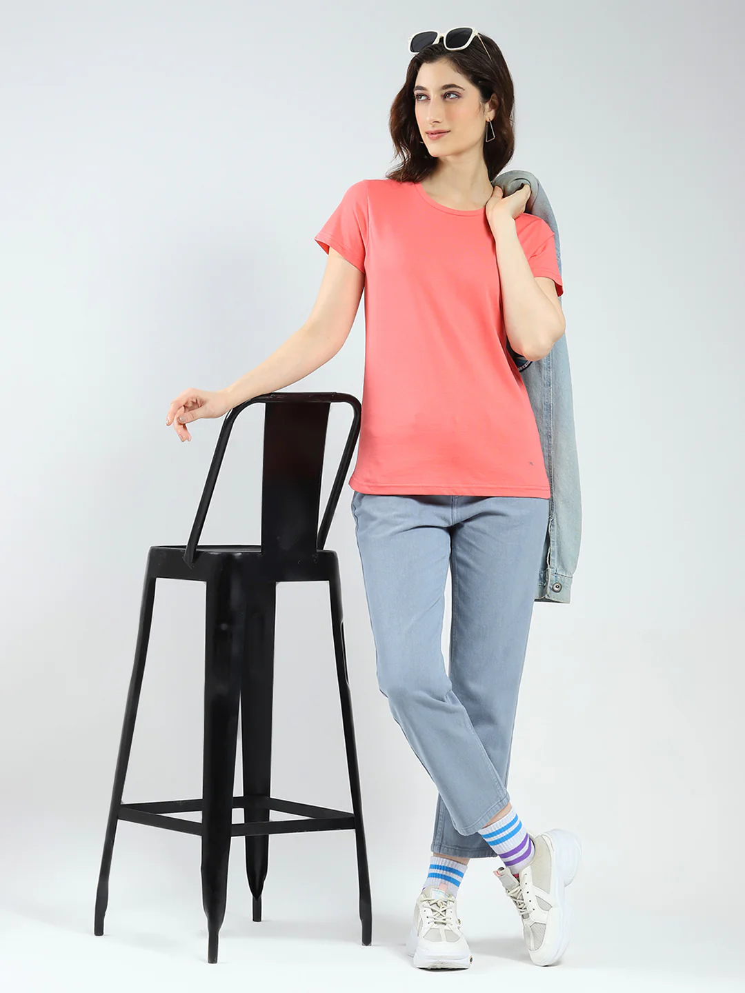 Women Blue & Coral Solid Round Neck Half Sleeve Top 2Pc Set - Image 2