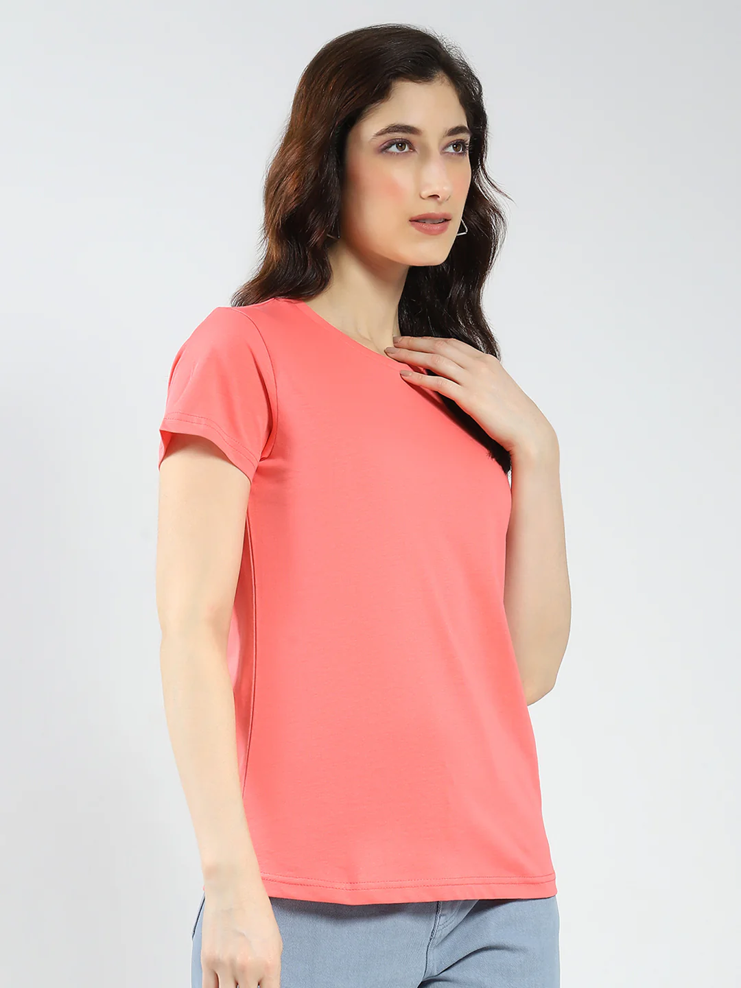 Women Blue & Coral Solid Round Neck Half Sleeve Top 2Pc Set - Image 5