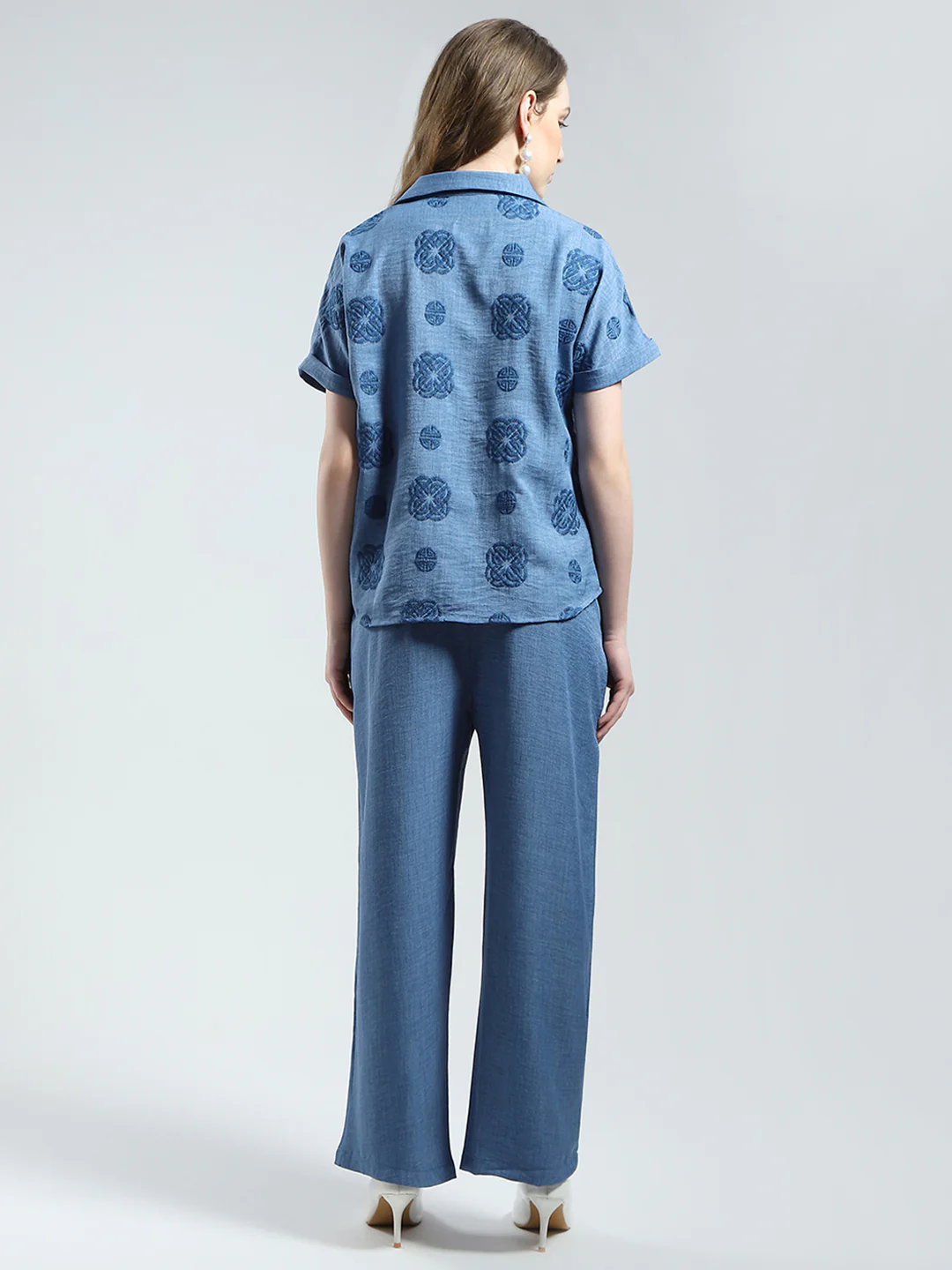Women Blue Embroidered Collar Half Sleeve Cords Set - Image 4