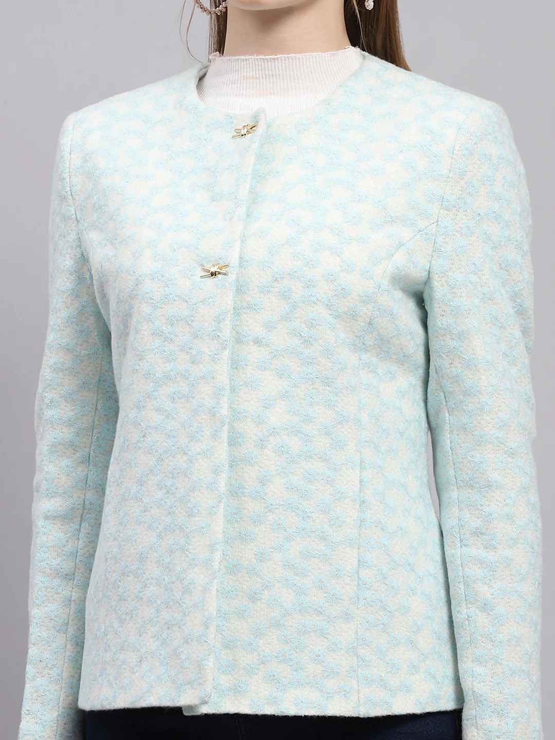 Women Blue Embroidered Round Neck Full Sleeve Coat - Image 6