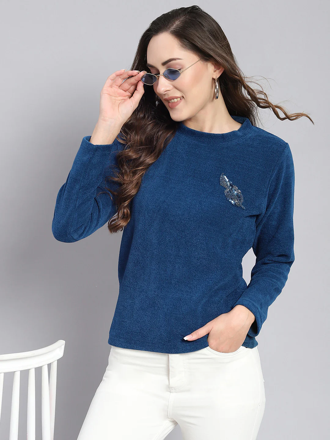 Women Blue Embroidered Round Neck Full Sleeve Sweater - Image 2