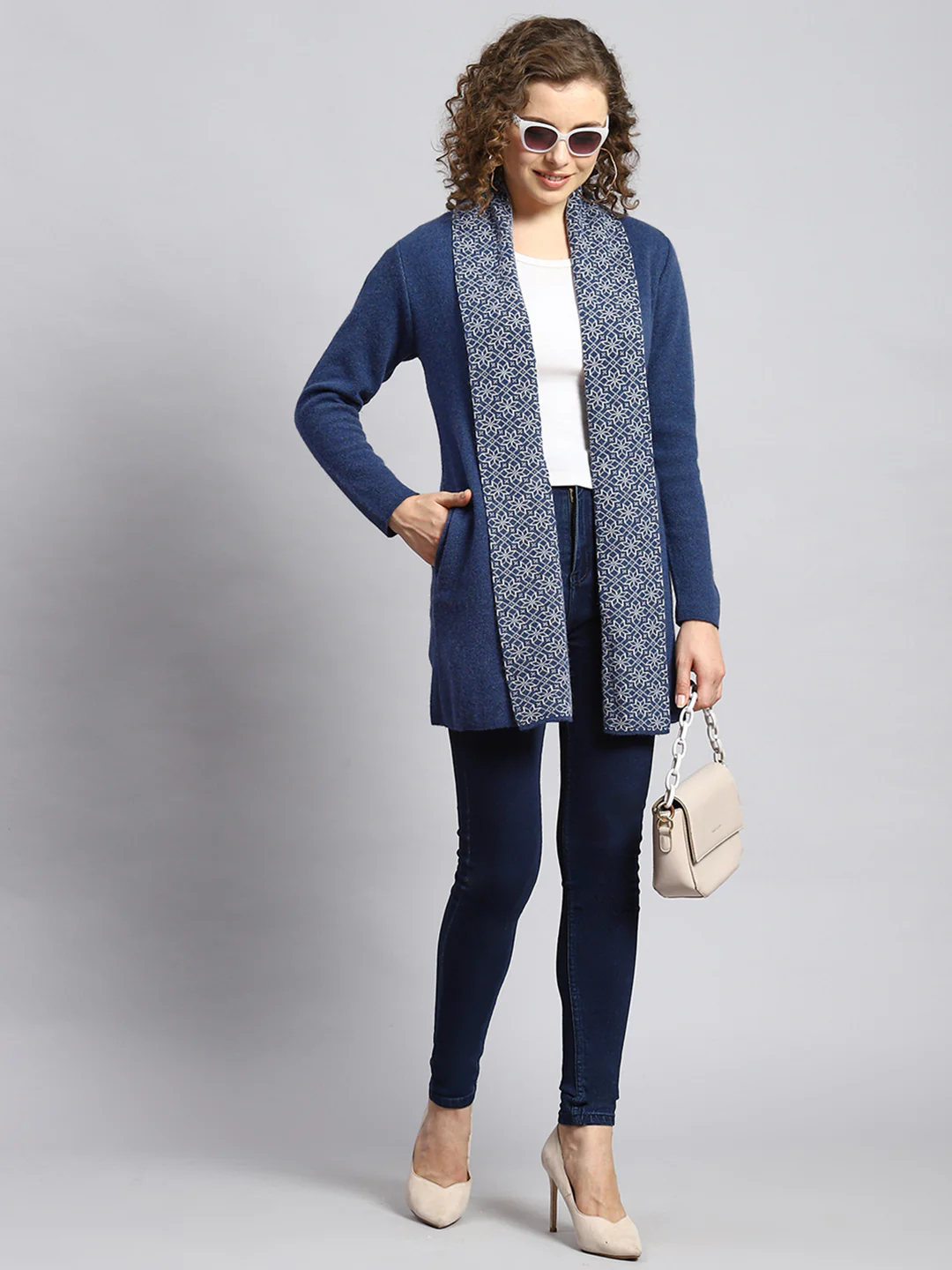 Women Blue Jaquard Cardigan - Image 3