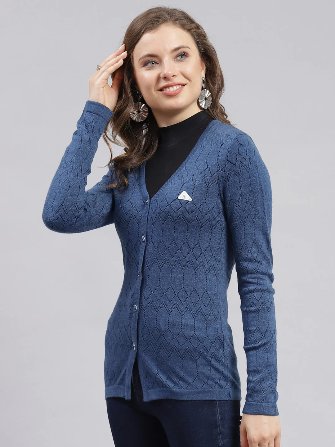 Women Blue Jaquard Wool blend Cardigan - Image 3