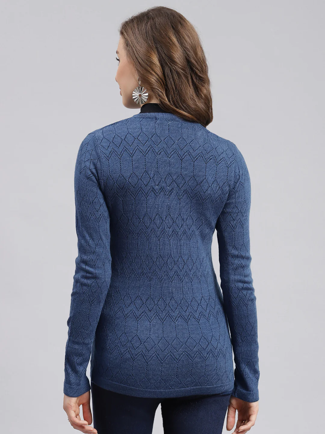 Women Blue Jaquard Wool blend Cardigan - Image 4