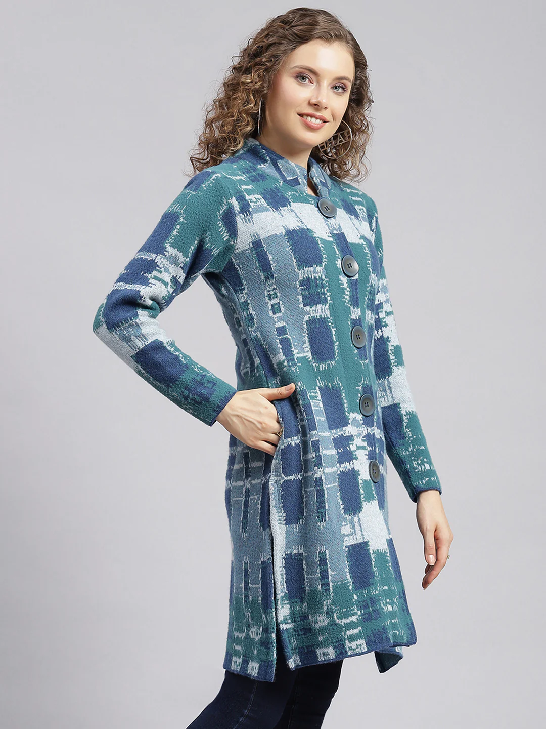 Women Blue Jaquard Wool blend Knitted Coat - Image 4