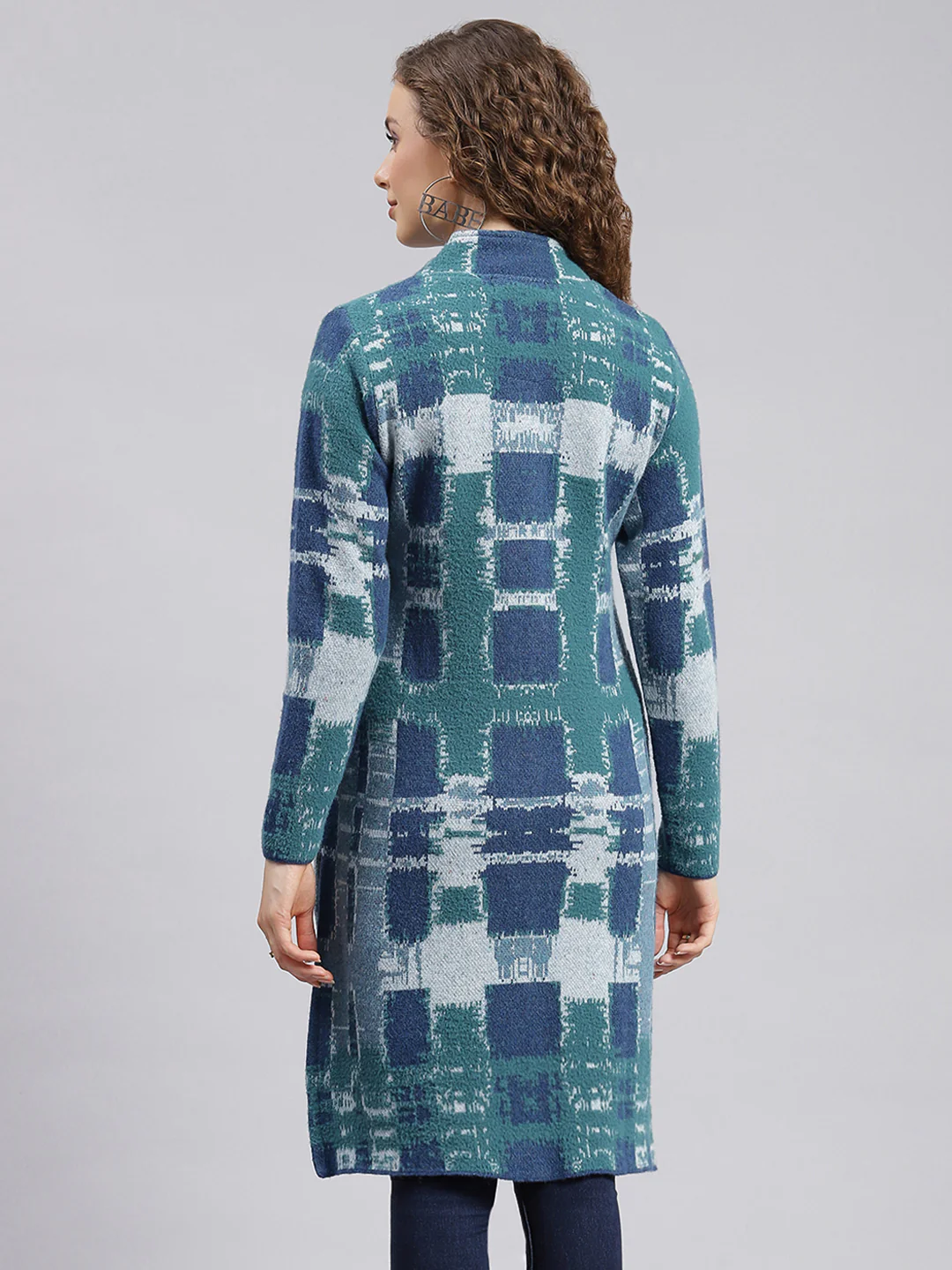 Women Blue Jaquard Wool blend Knitted Coat - Image 6
