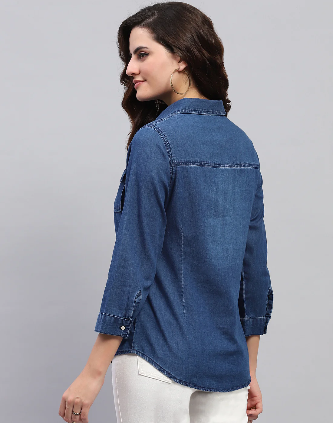 Women Blue Light Wash Front Open 3/4 Sleeve Top - Image 5
