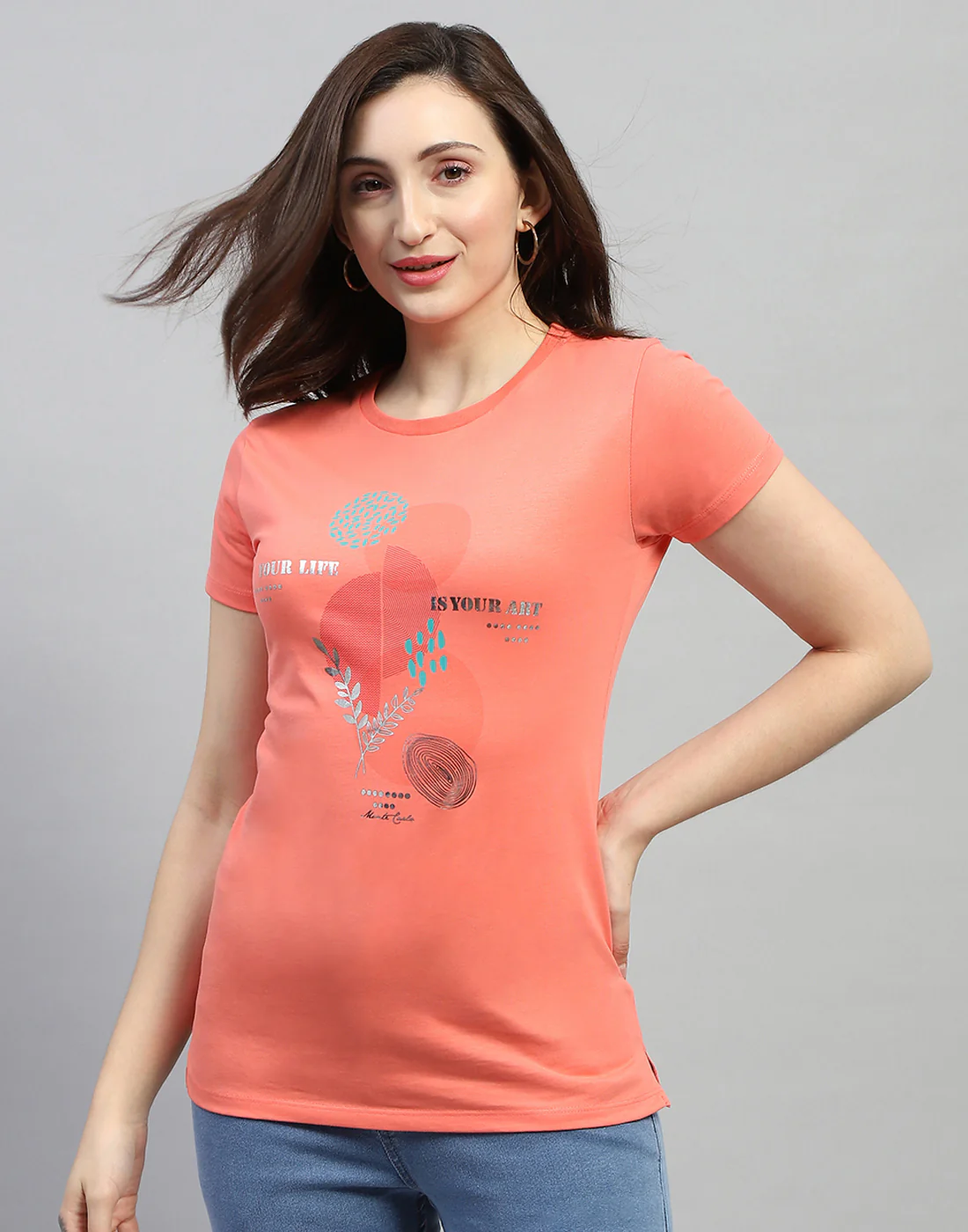 Women Blue & Peach Printed Round Neck Half Sleeve Top (Pack of 2) - Image 3