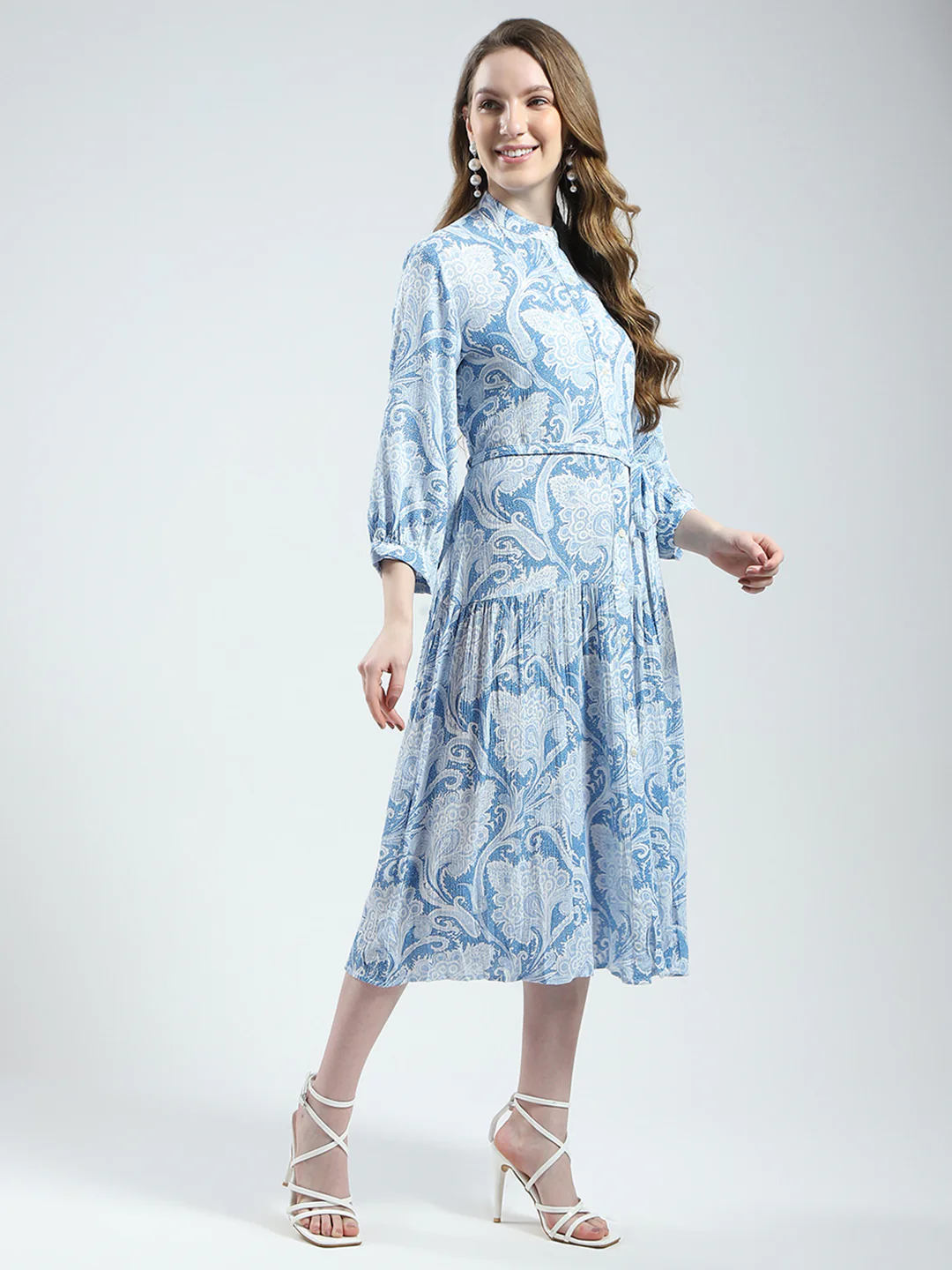 Women Blue Printed Band Collar 3/4th Sleeve Dress - Image 4