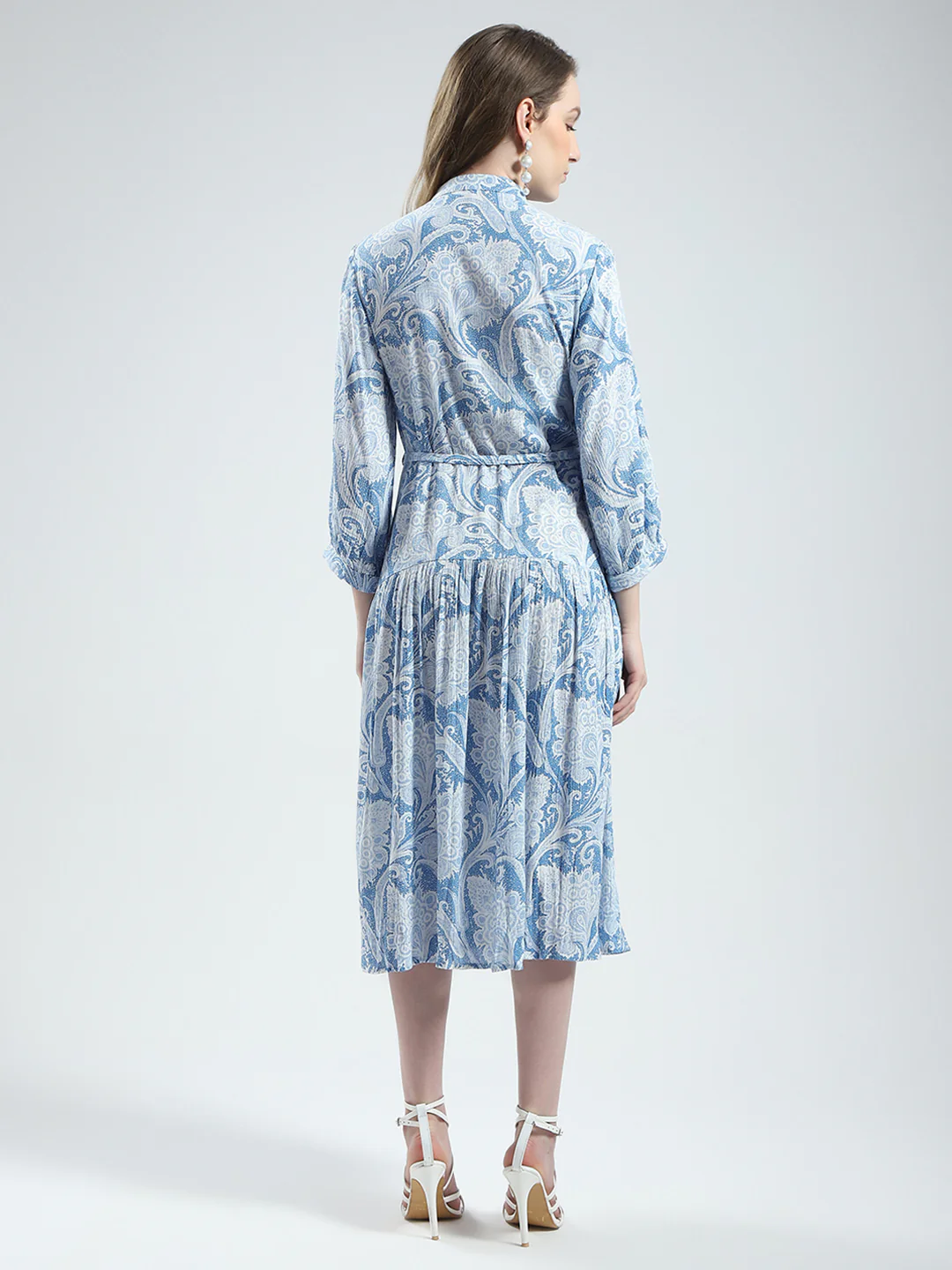 Women Blue Printed Band Collar 3/4th Sleeve Dress - Image 5