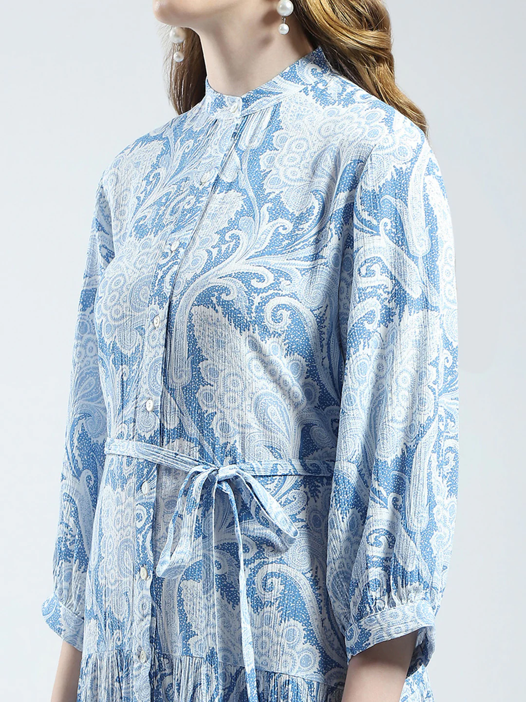 Women Blue Printed Band Collar 3/4th Sleeve Dress - Image 6