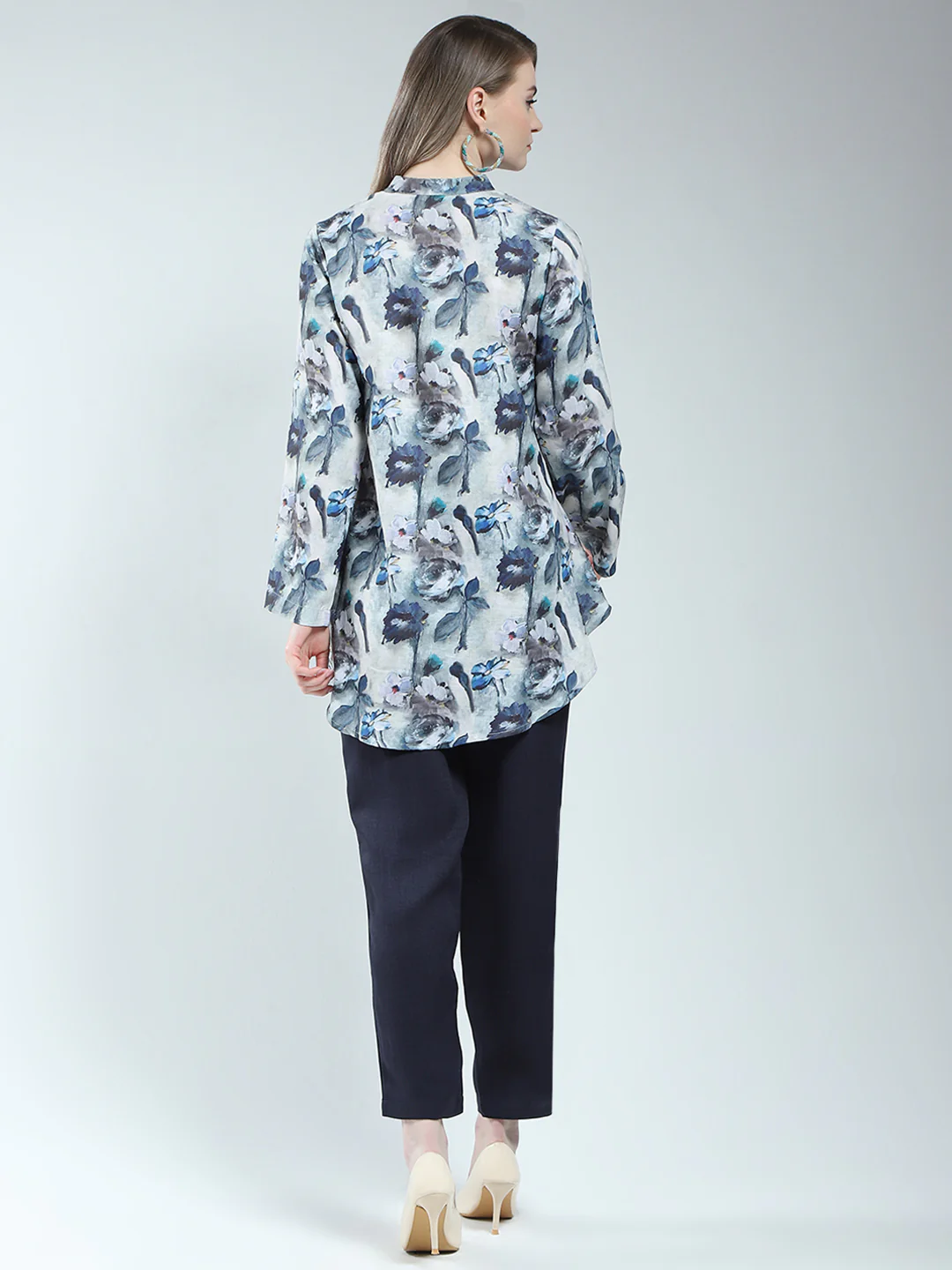 Women Blue Printed Band Neck Full Sleeve Cords Set - Image 6
