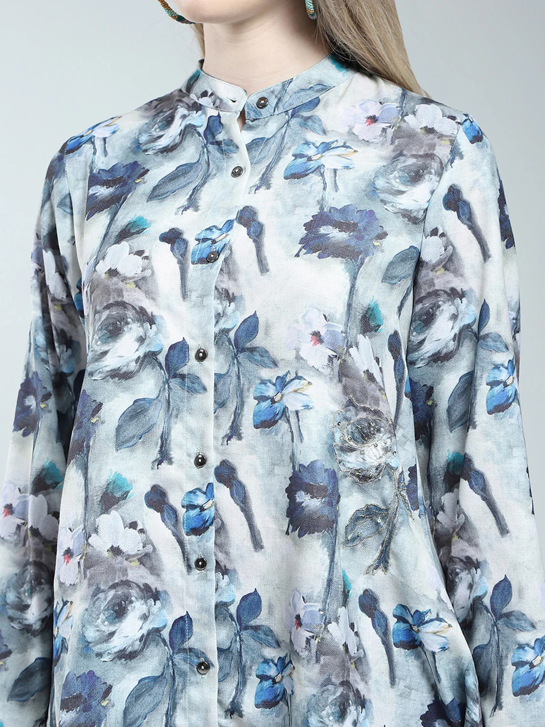 Women Blue Printed Band Neck Full Sleeve Cords Set - Image 8
