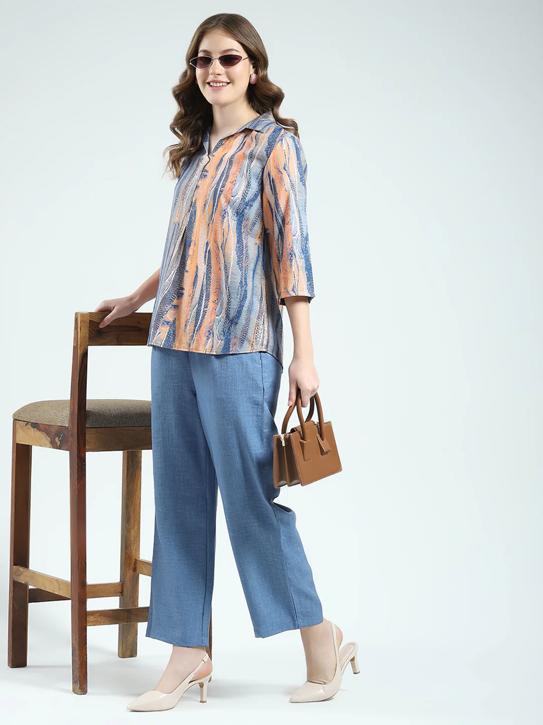Women Blue Printed Collar 3/4th Sleeve Cords Set - Image 2