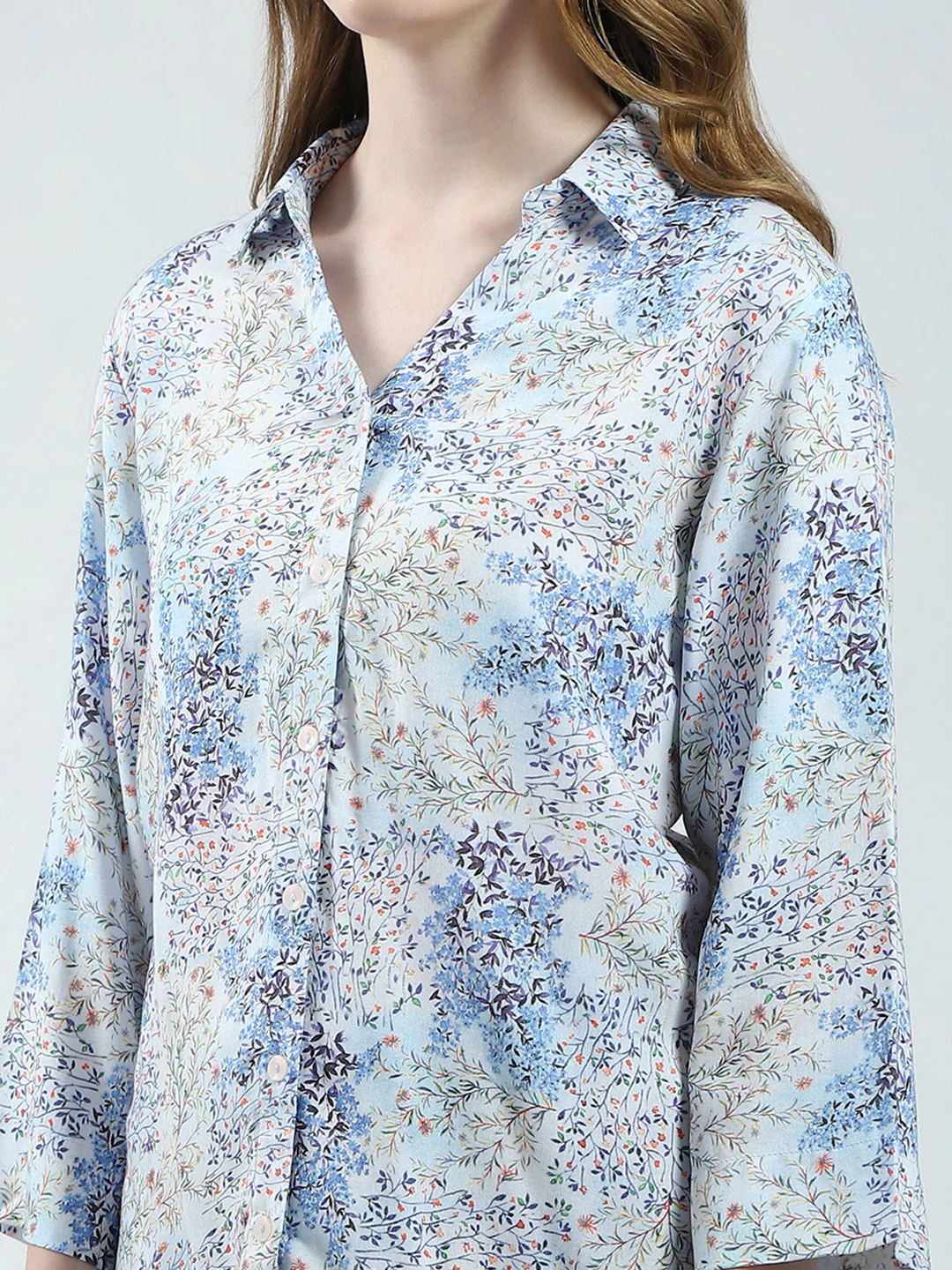 Women Blue Printed Collar 3/4th Sleeve Top - Image 7