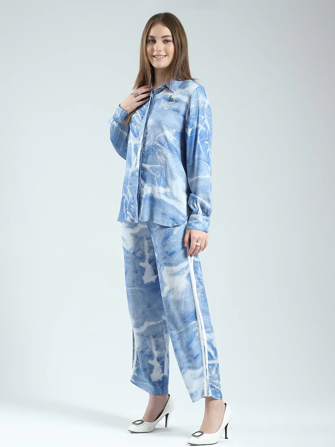 Women Blue Printed Collar Full Sleeve Cords Set - Image 3