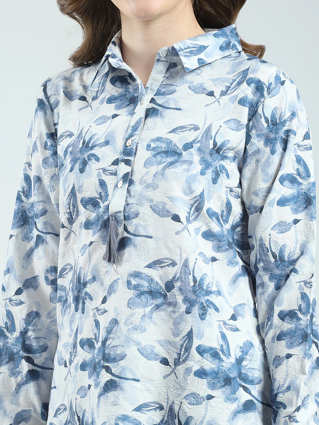 Women Blue Printed Collar Full Sleeve Top - Image 6