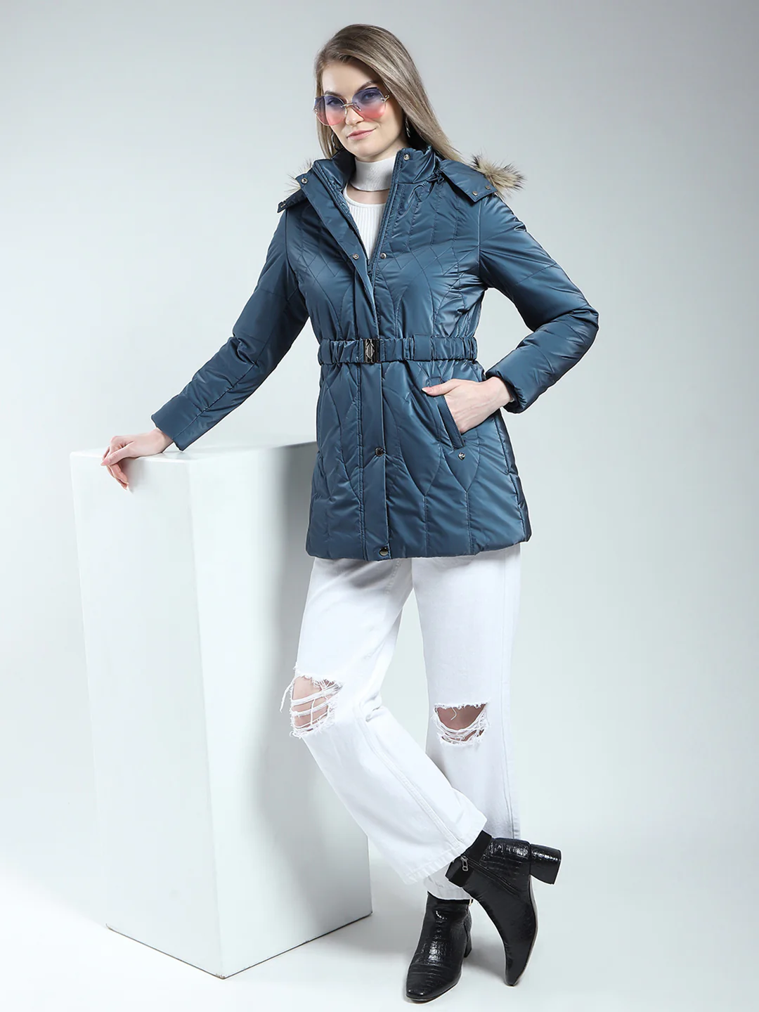Women Blue Printed Detachable Hood Full Sleeve Jacket - Image 2