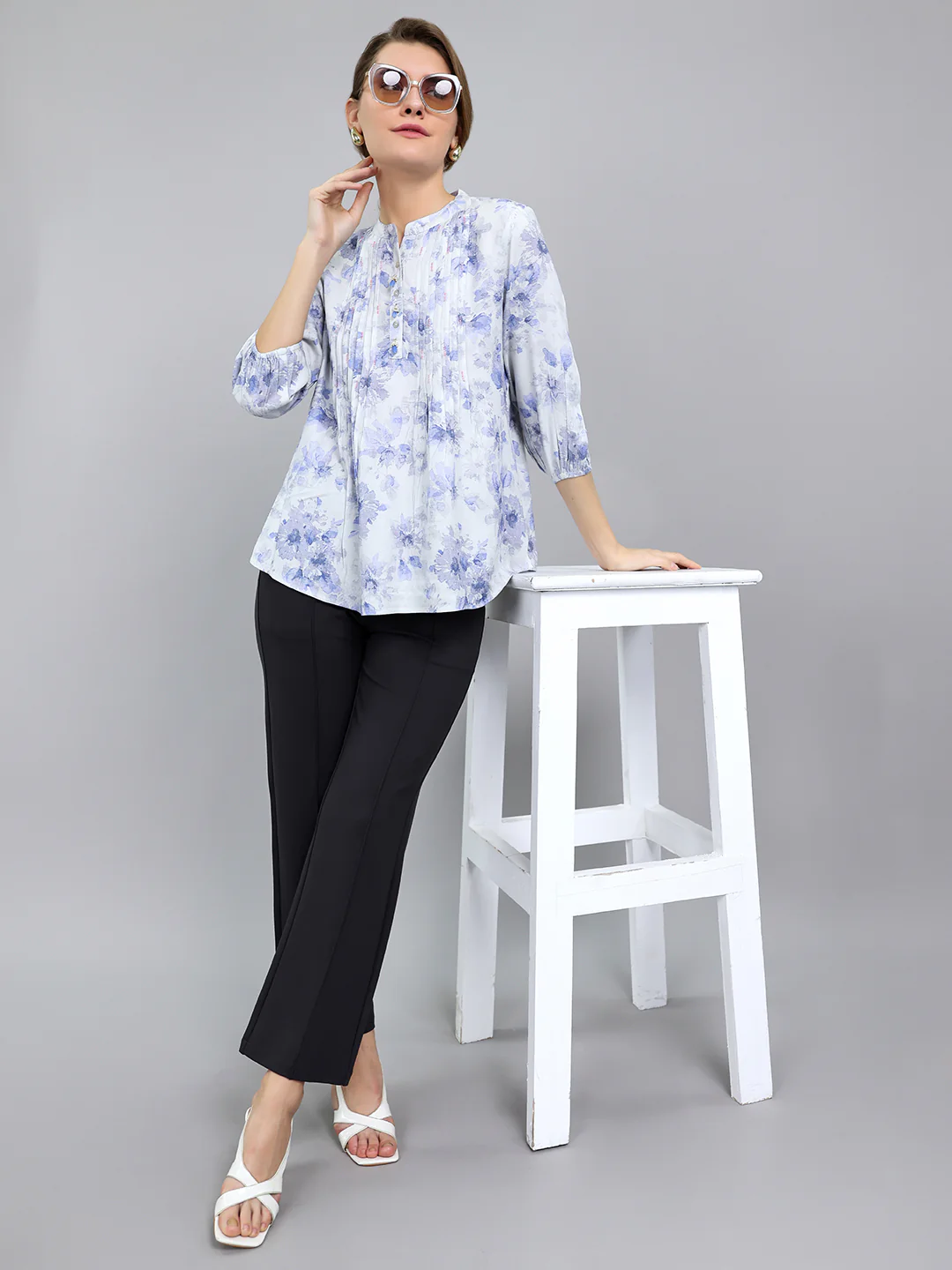 Women Blue Printed Fashion Neck 3/4th Sleeve Top - Image 6
