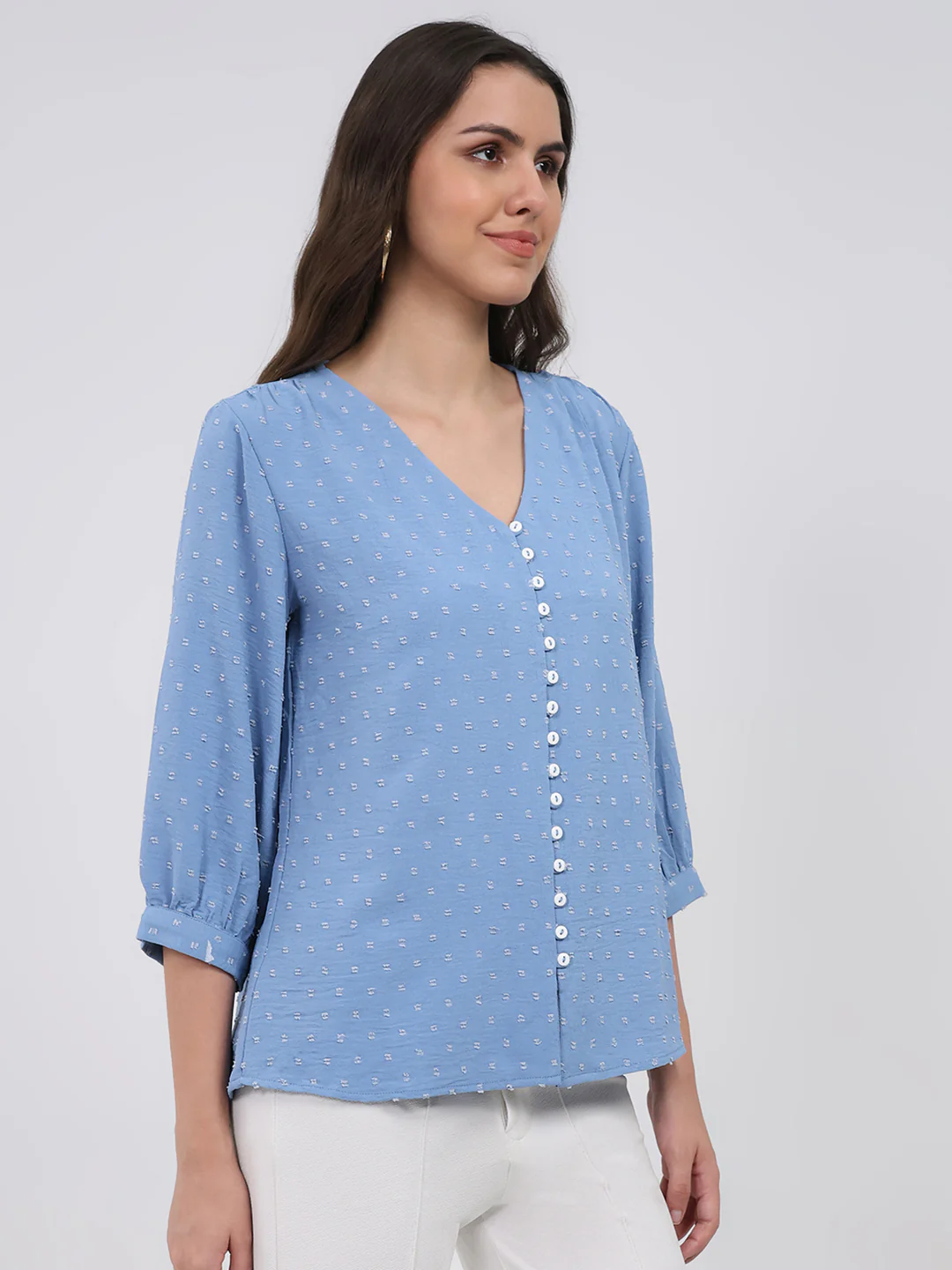 Women Blue Printed Front Open 3/4th Sleeve Winter Top - Image 4