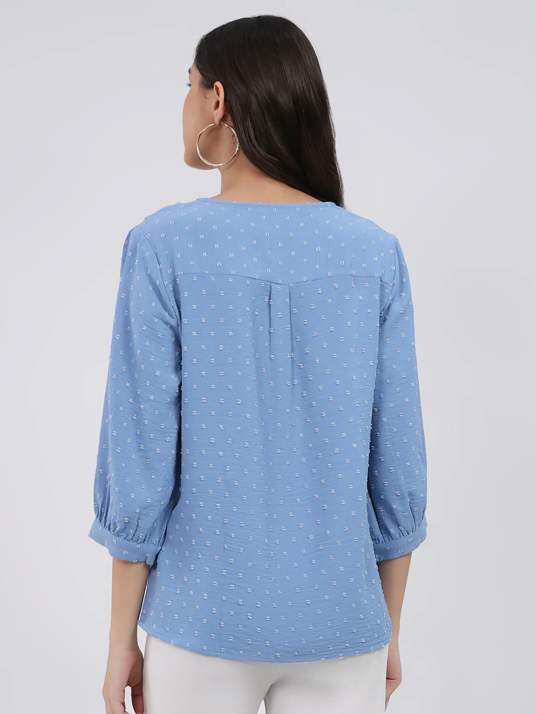 Women Blue Printed Front Open 3/4th Sleeve Winter Top - Image 5