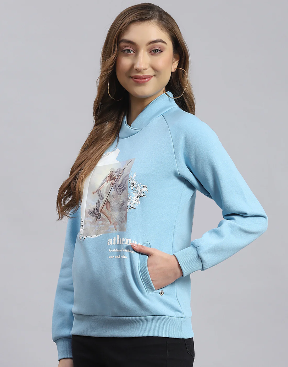 Women Blue Printed H Neck Full Sleeve Sweatshirt - Image 4