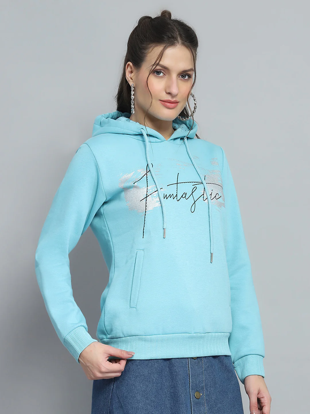 Women Blue Printed Hooded Full Sleeve Sweatshirt - Image 4