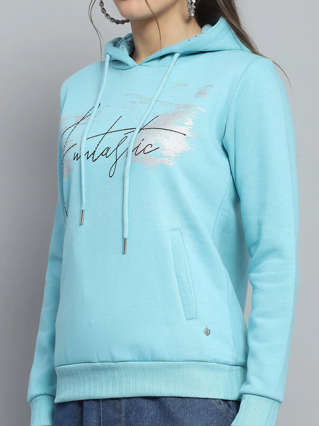 Women Blue Printed Hooded Full Sleeve Sweatshirt - Image 6