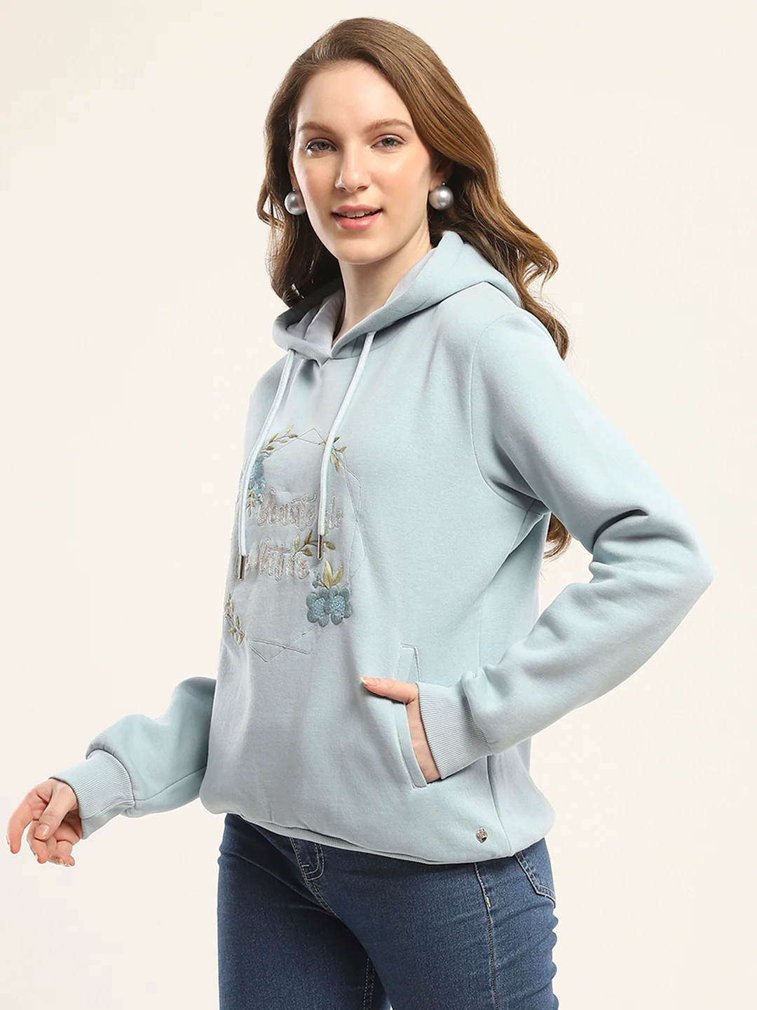 Women Blue Printed Hooded Full Sleeve Sweatshirt - Image 3