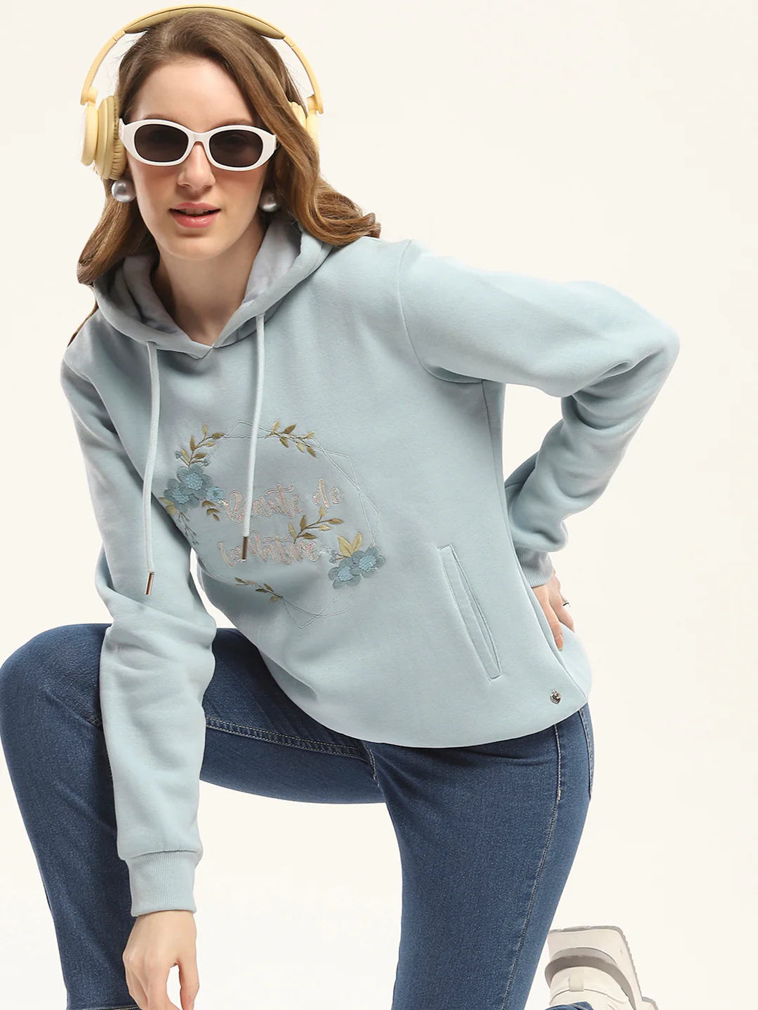 Women Blue Printed Hooded Full Sleeve Sweatshirt - Image 6