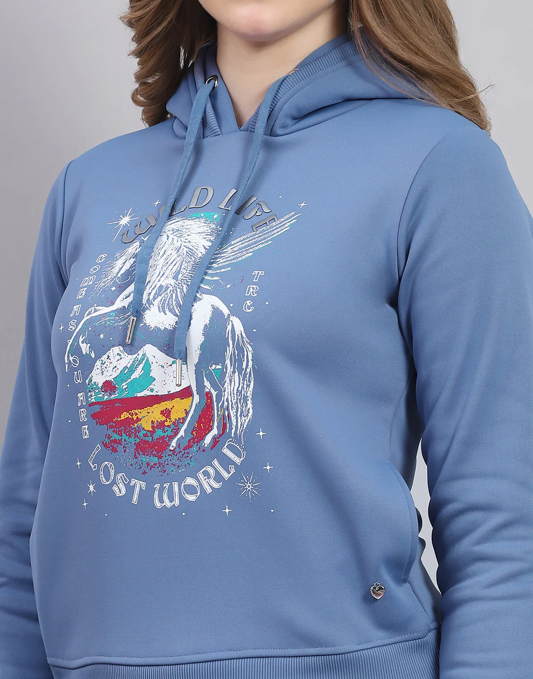 Women Blue Printed Hooded Full Sleeve Sweatshirt - Image 6