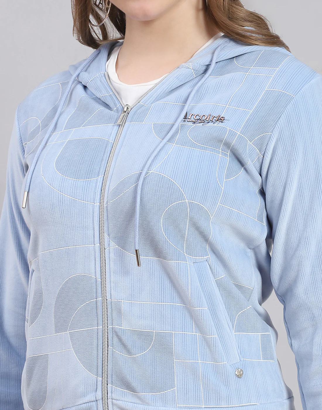 Women Blue Printed Hooded Full Sleeve Sweatshirt - Image 6