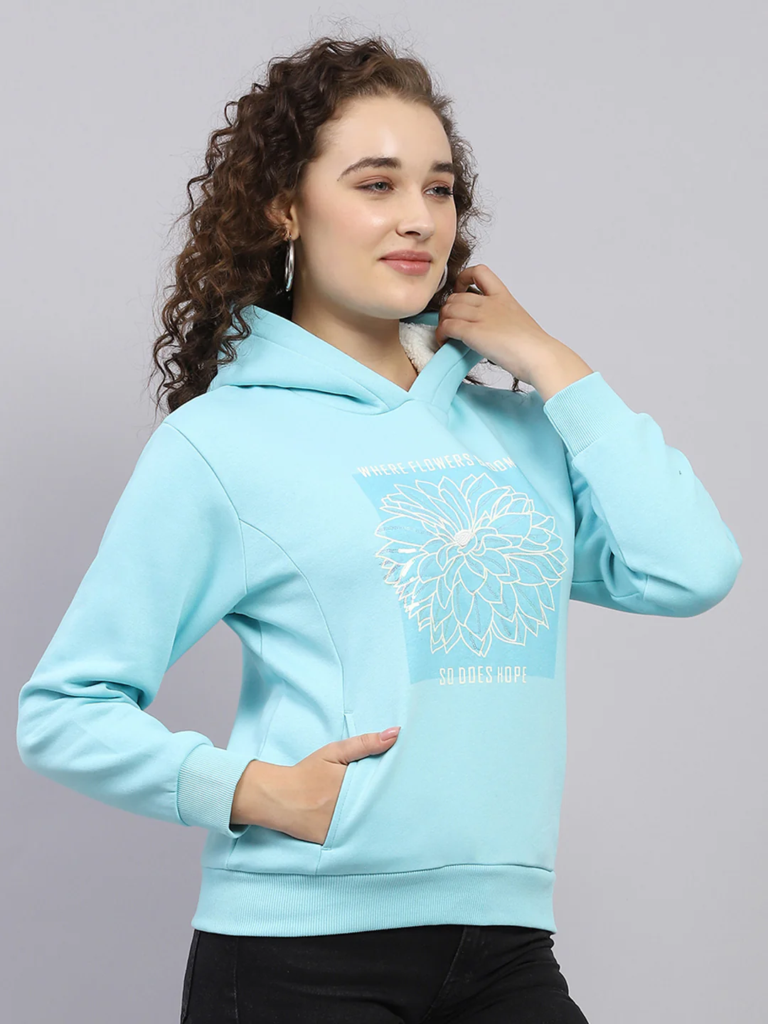 Women Blue Printed Hooded Full Sleeve Sweatshirt - Image 4