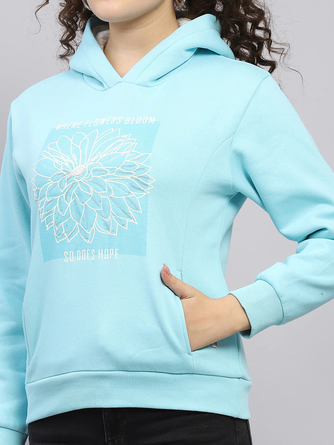 Women Blue Printed Hooded Full Sleeve Sweatshirt - Image 6