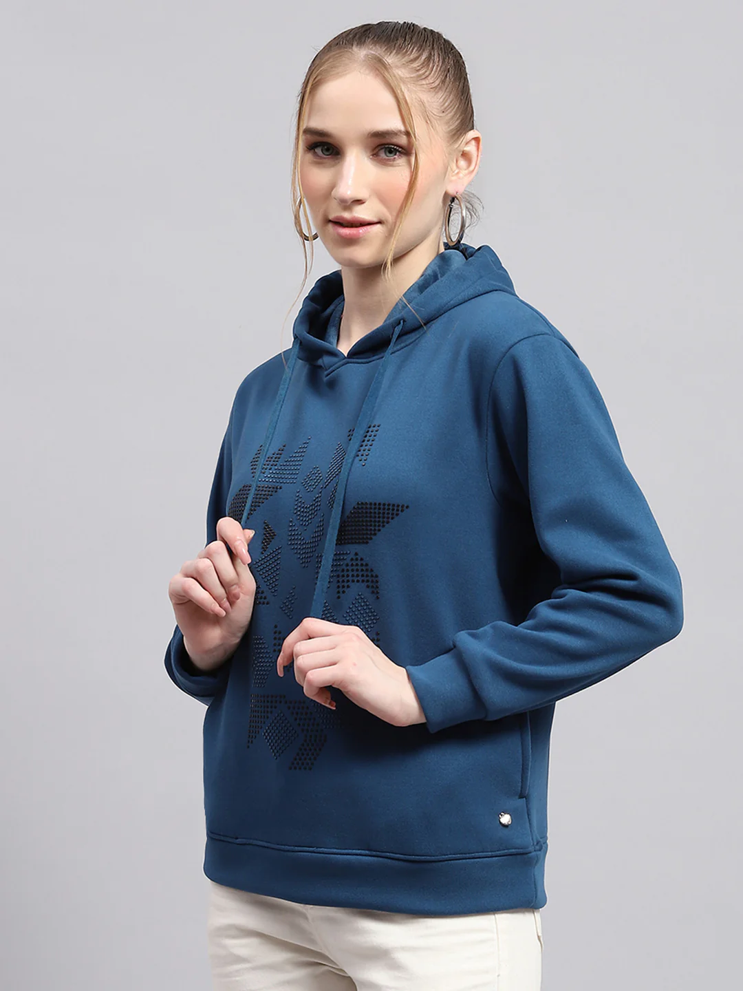 Women Blue Printed Hooded Full Sleeve Sweatshirt - Image 3