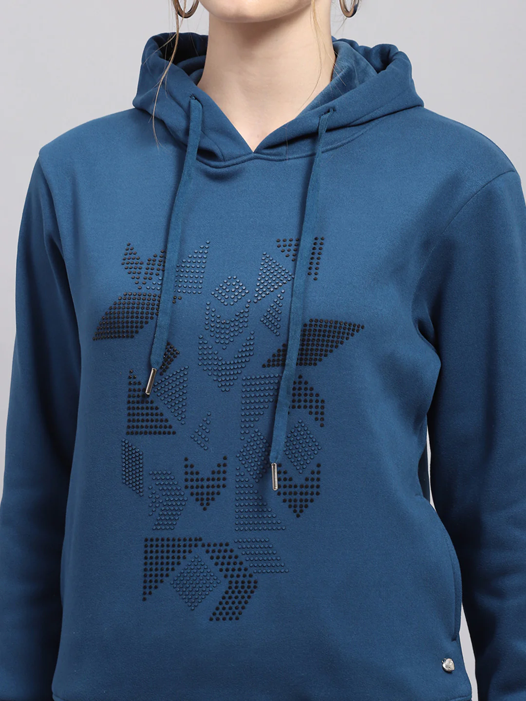 Women Blue Printed Hooded Full Sleeve Sweatshirt - Image 6