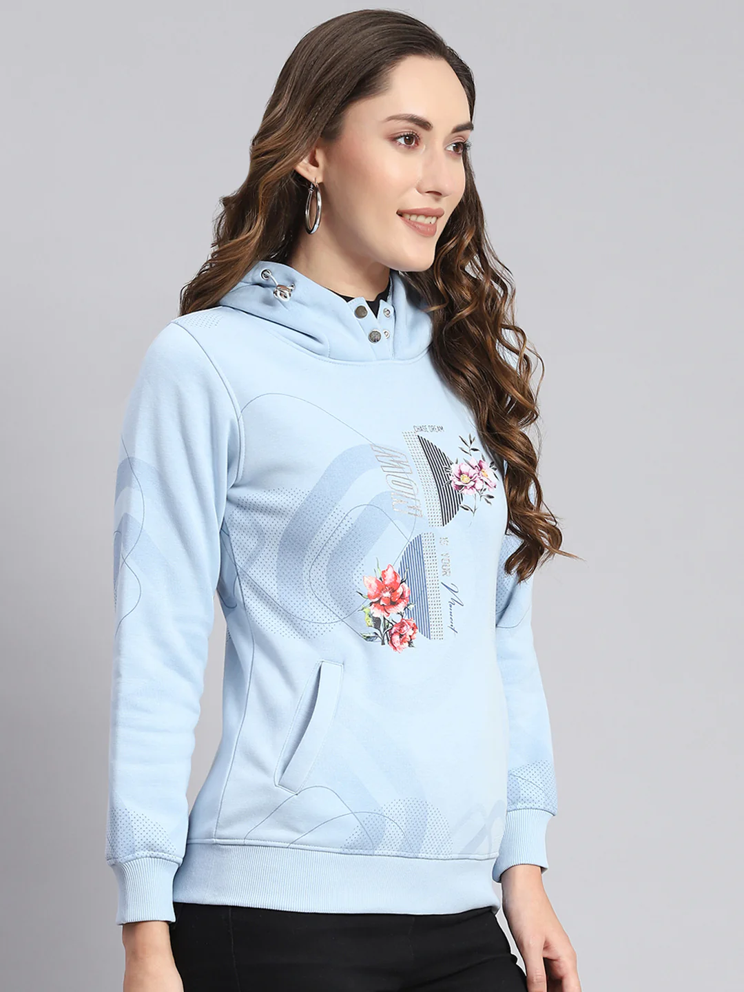 Women Blue Printed Hooded Full Sleeve Sweatshirts - Image 6
