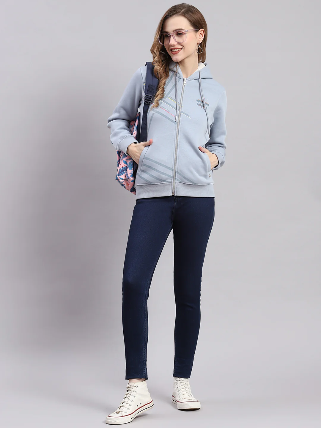 Women Blue Printed Hooded Full Sleeve Sweatshirts - Image 2
