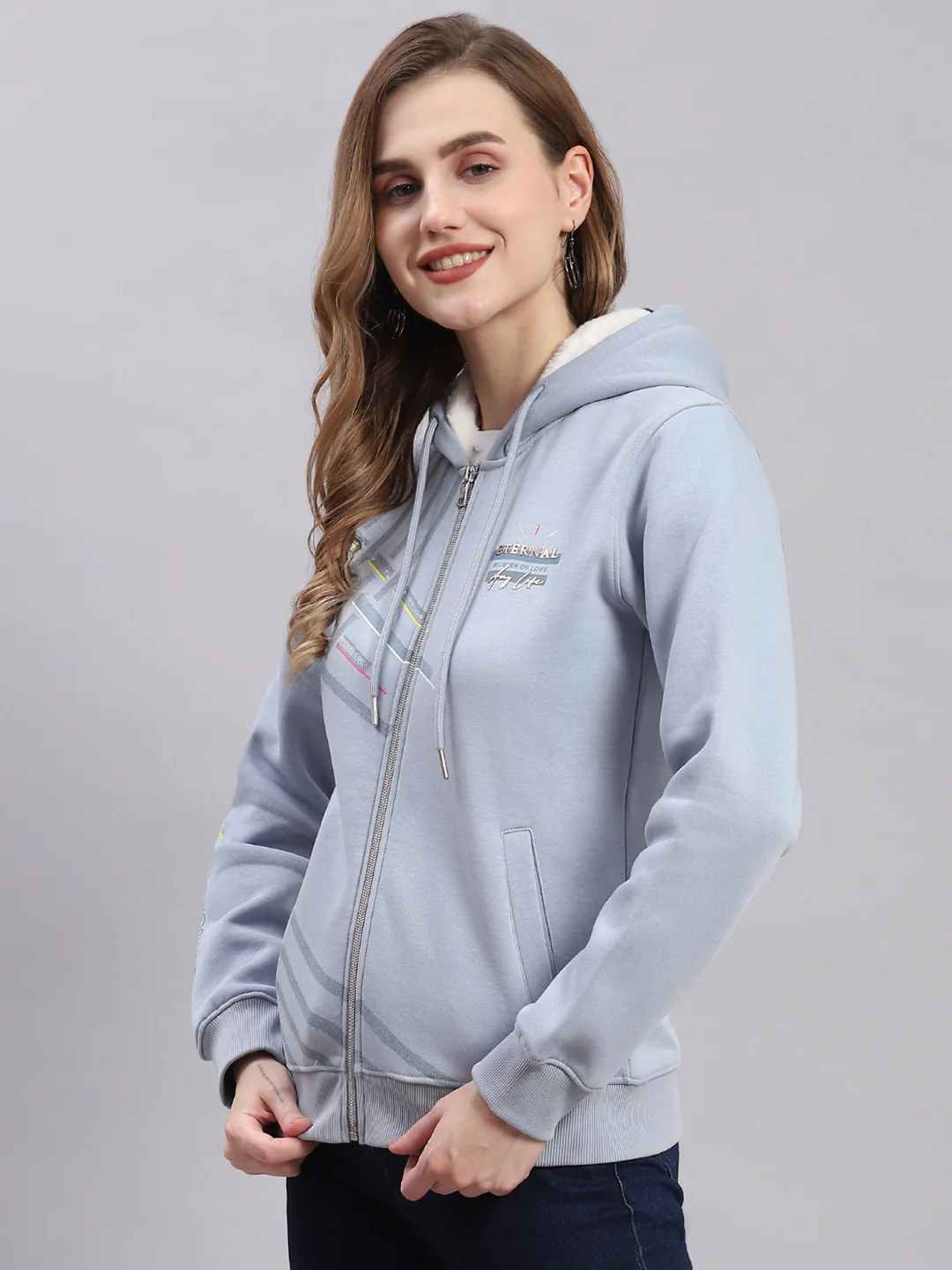 Women Blue Printed Hooded Full Sleeve Sweatshirts - Image 3