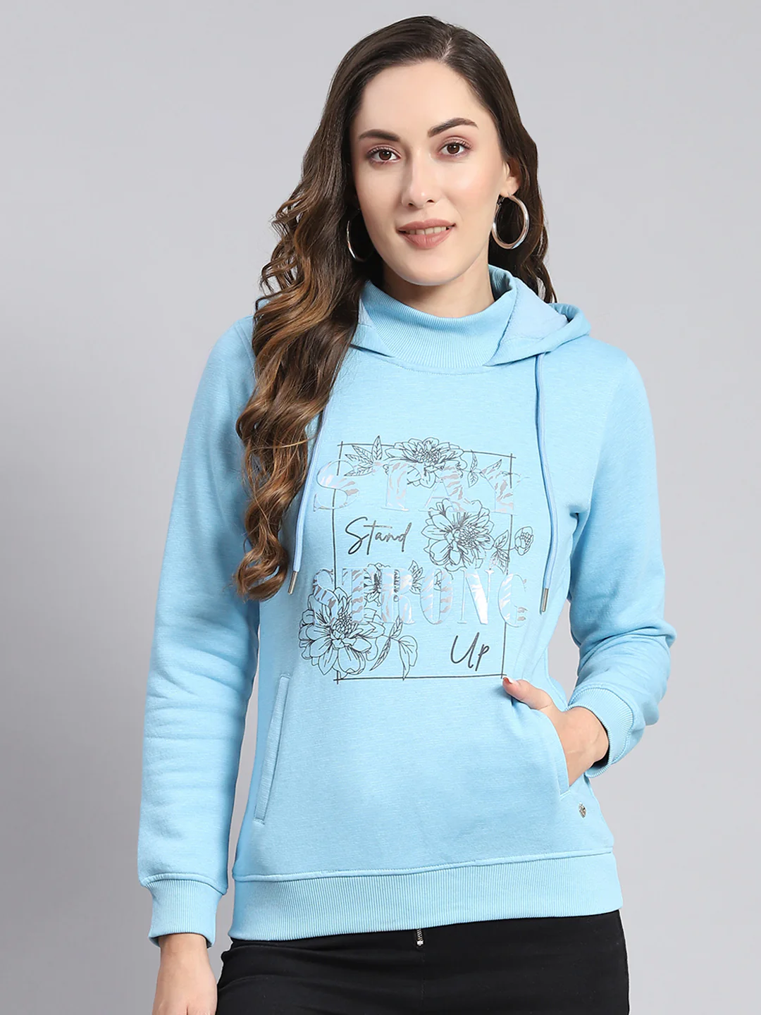 Women Blue Printed Hooded Full Sleeve Sweatshirts - Image 3