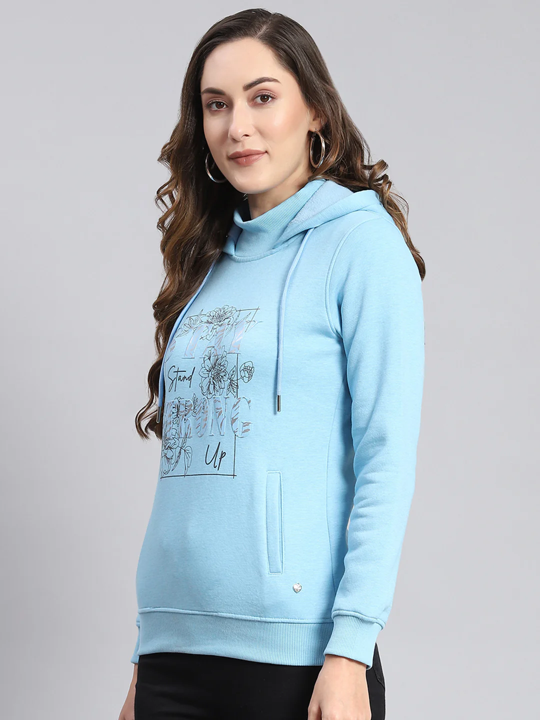 Women Blue Printed Hooded Full Sleeve Sweatshirts - Image 4