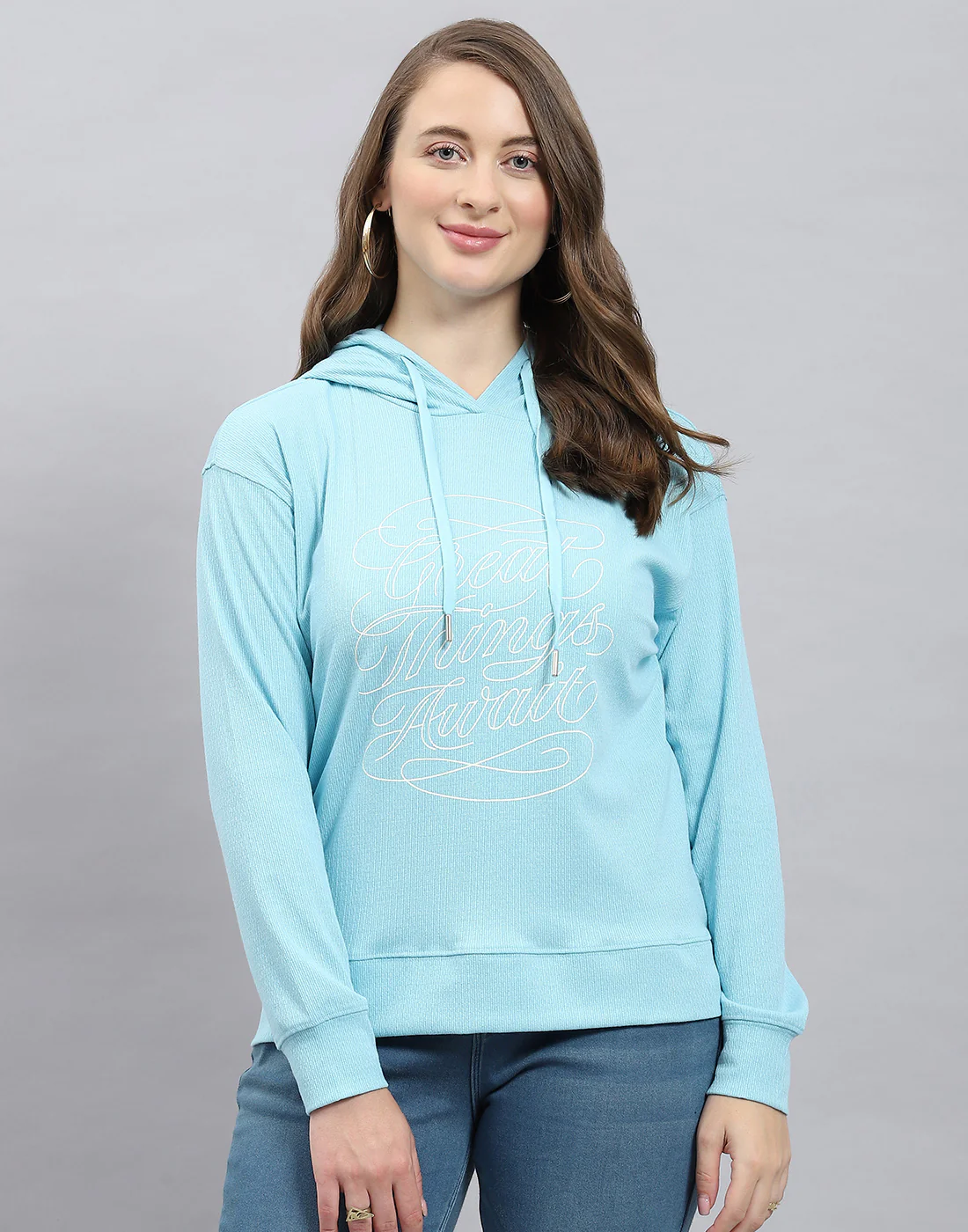Women Blue Printed Hooded Full Sleeve Winter Top - Image 2
