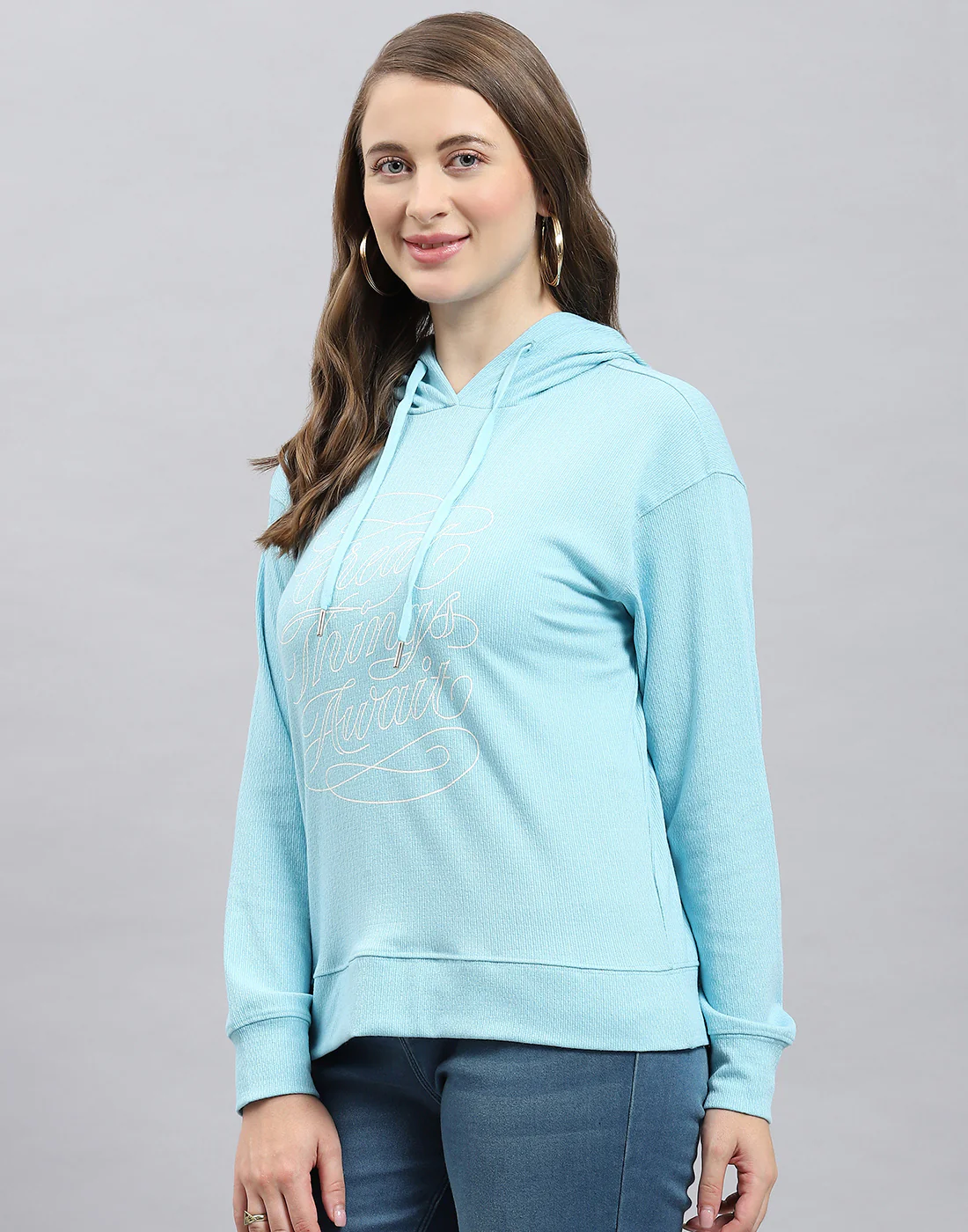 Women Blue Printed Hooded Full Sleeve Winter Top - Image 3