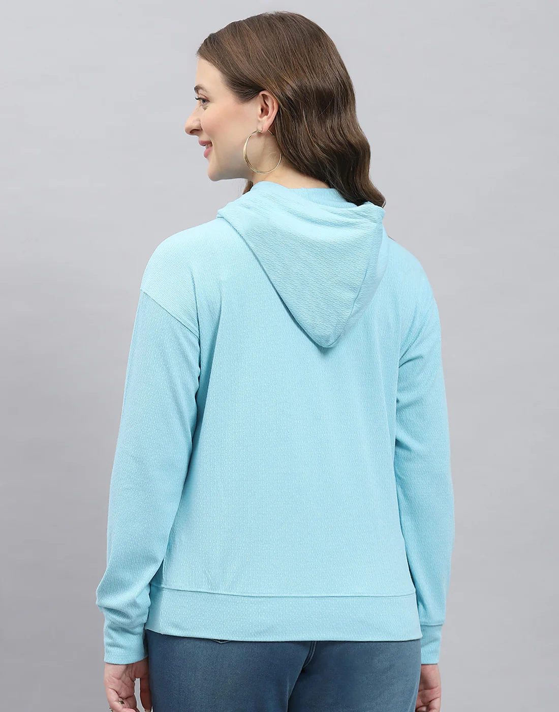 Women Blue Printed Hooded Full Sleeve Winter Top - Image 5