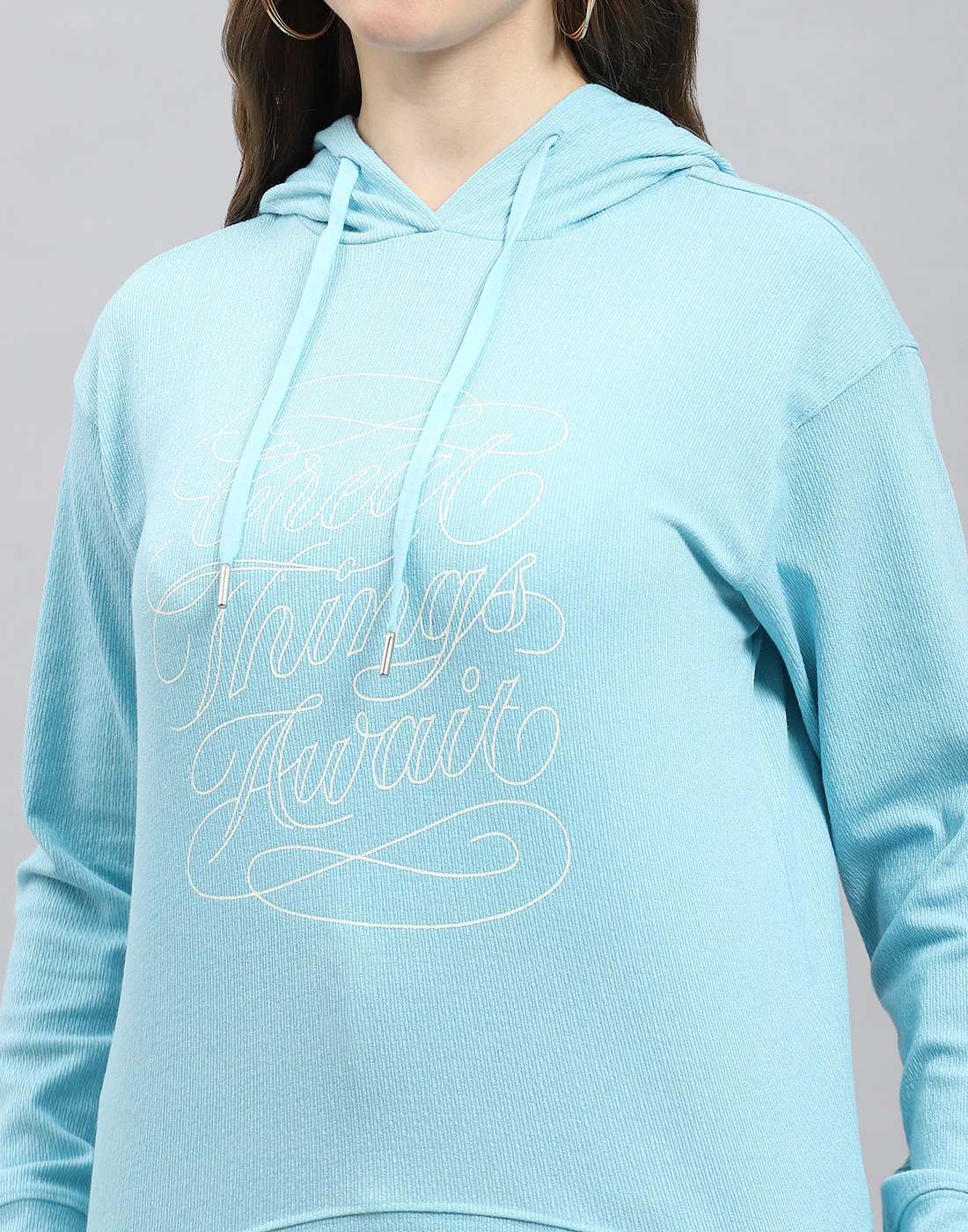 Women Blue Printed Hooded Full Sleeve Winter Top - Image 6