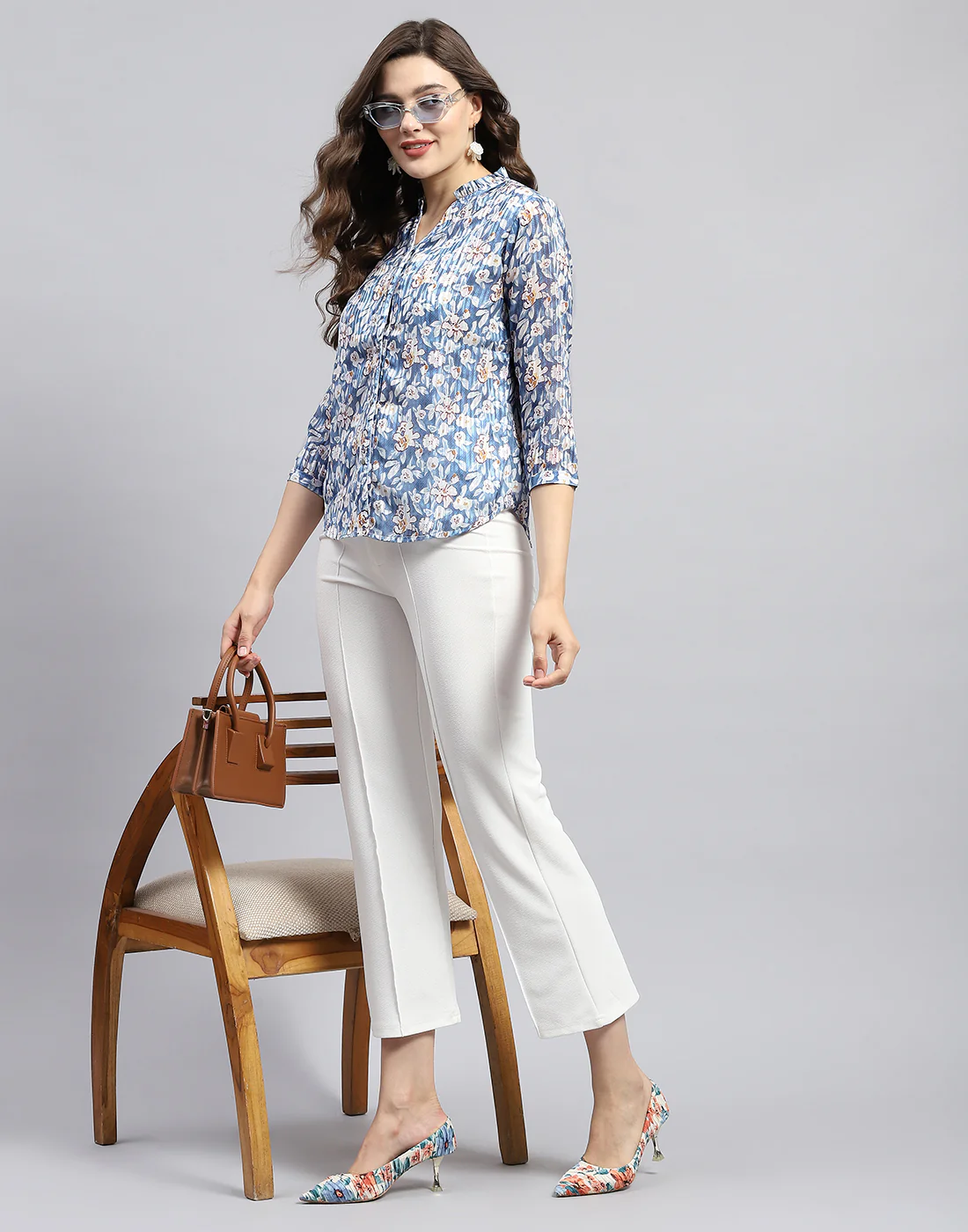Women Blue Printed Mandarin Neck Half Sleeve Top - Image 2