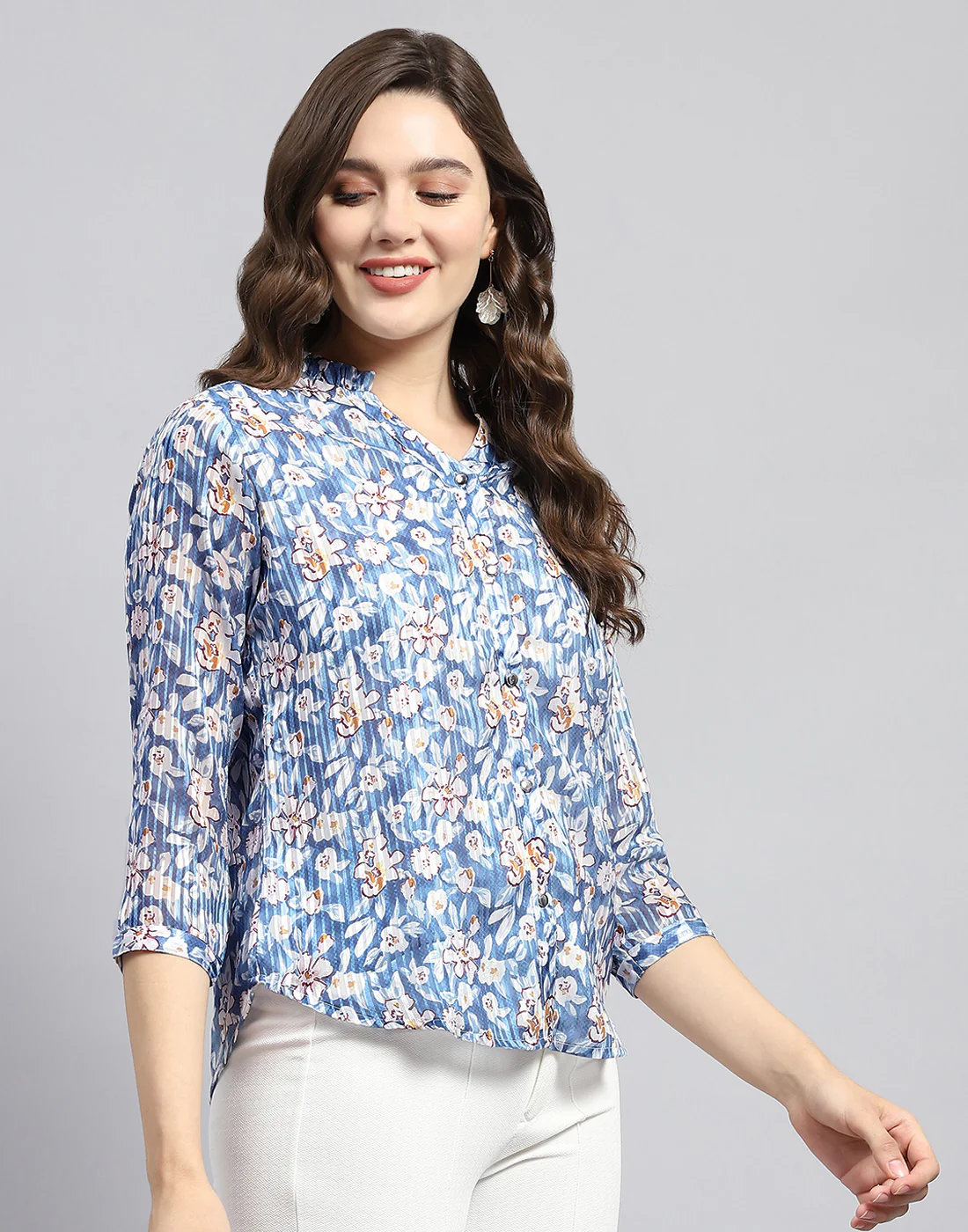 Women Blue Printed Mandarin Neck Half Sleeve Top - Image 4